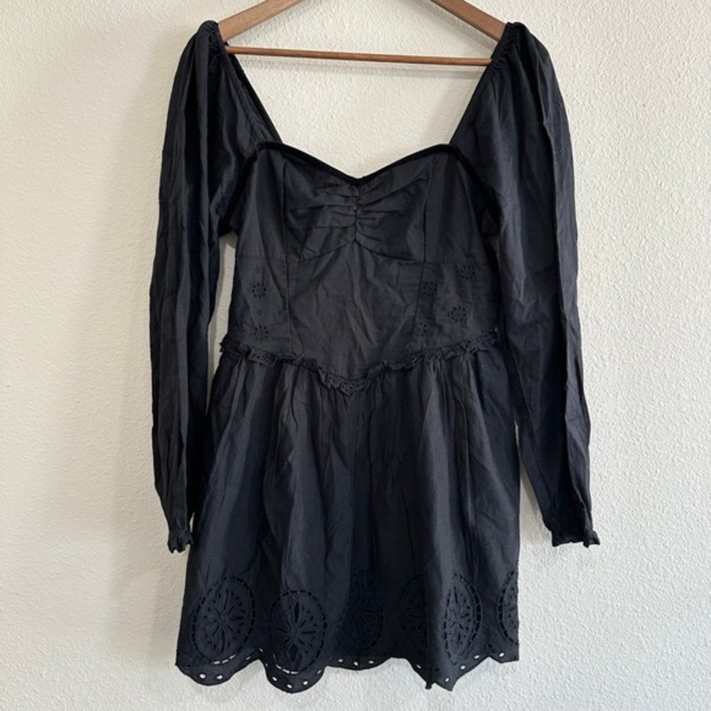 American Eagle Black Eyelet Mini Dress Long Sleeve Smocked Sweetheart Medium NWT